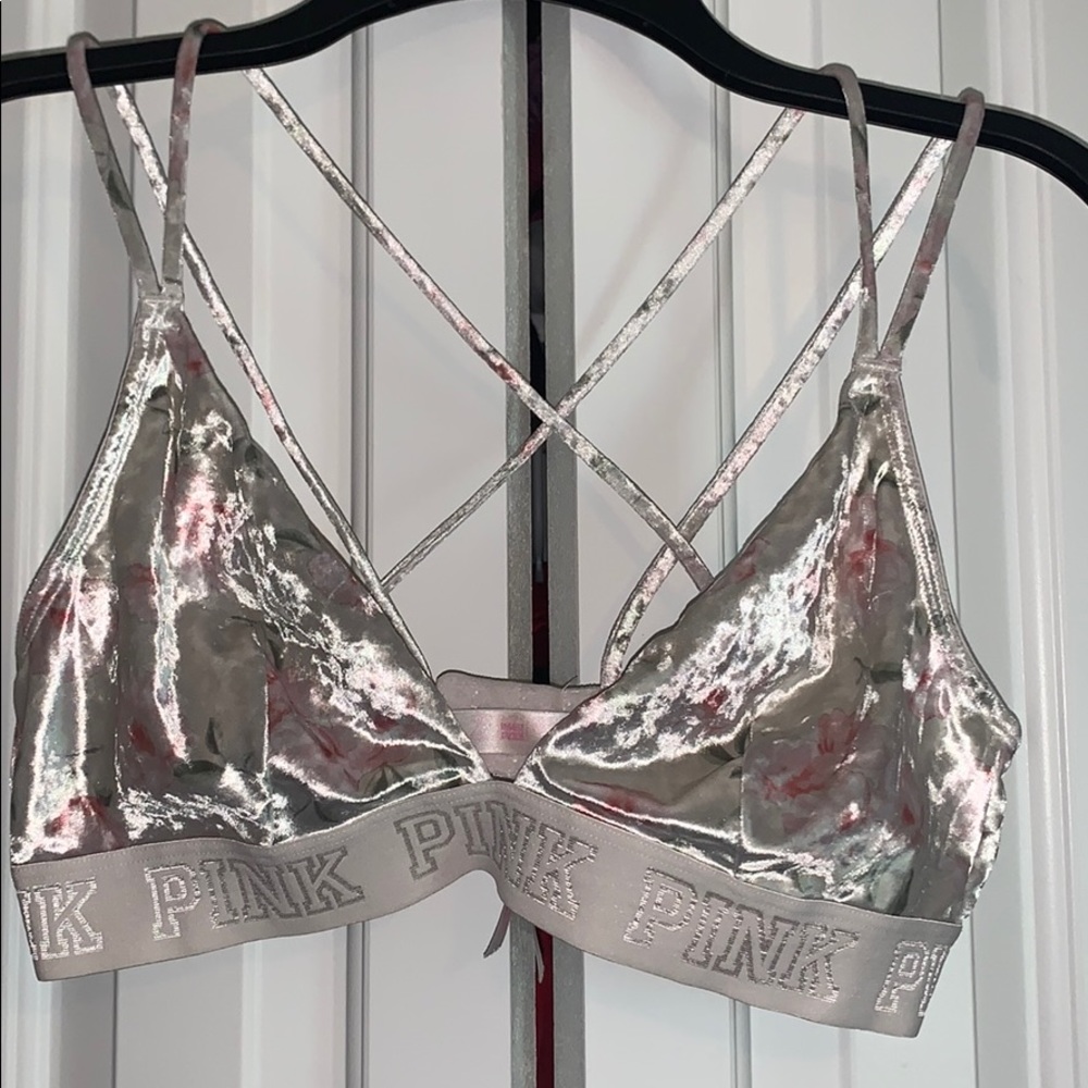 PINK Velvet White Bralette with pink flowers